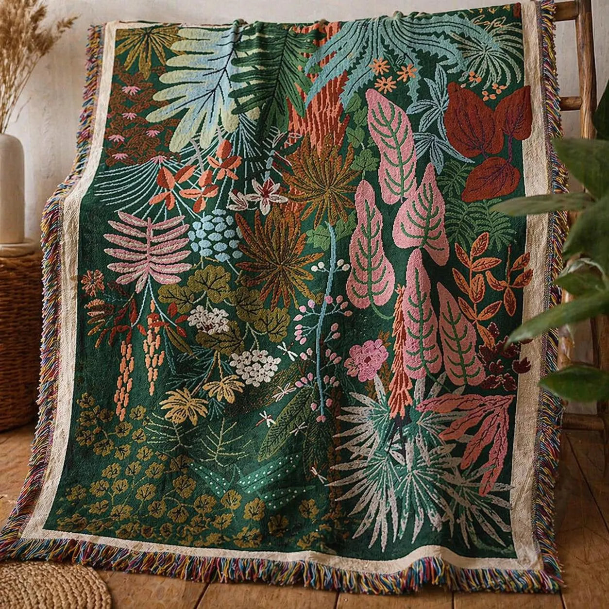 Boho Tropical Leaf Woven Throw Blanket