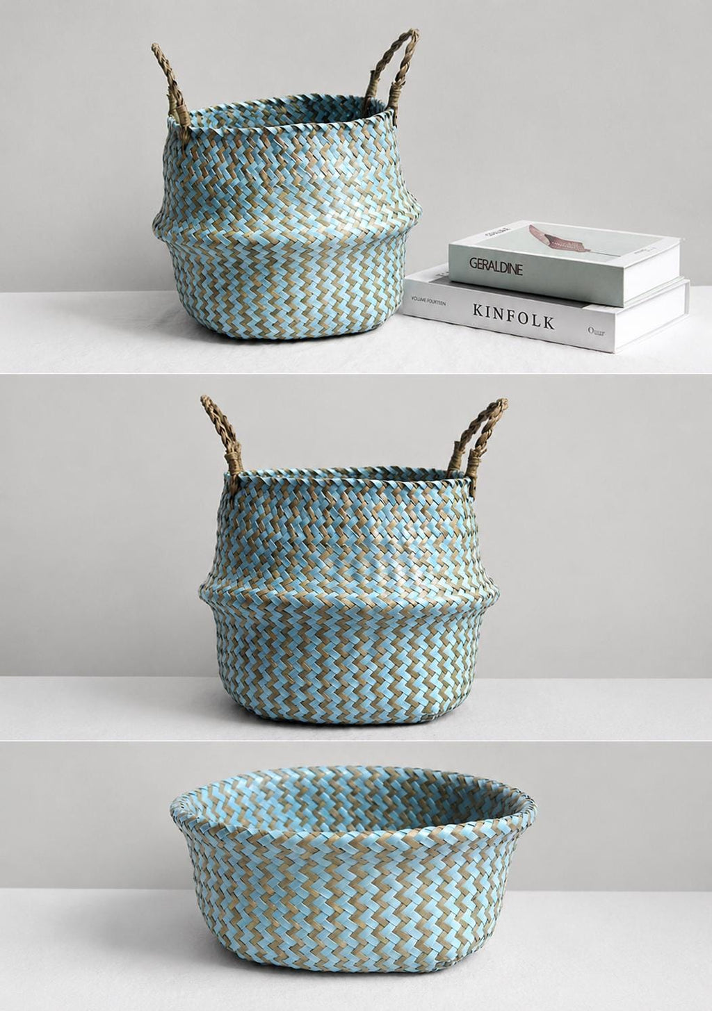 Boho Striped Seagrass Belly Basket, Collapsible Laundry, Plant Pot Cover, Nursery Organizer