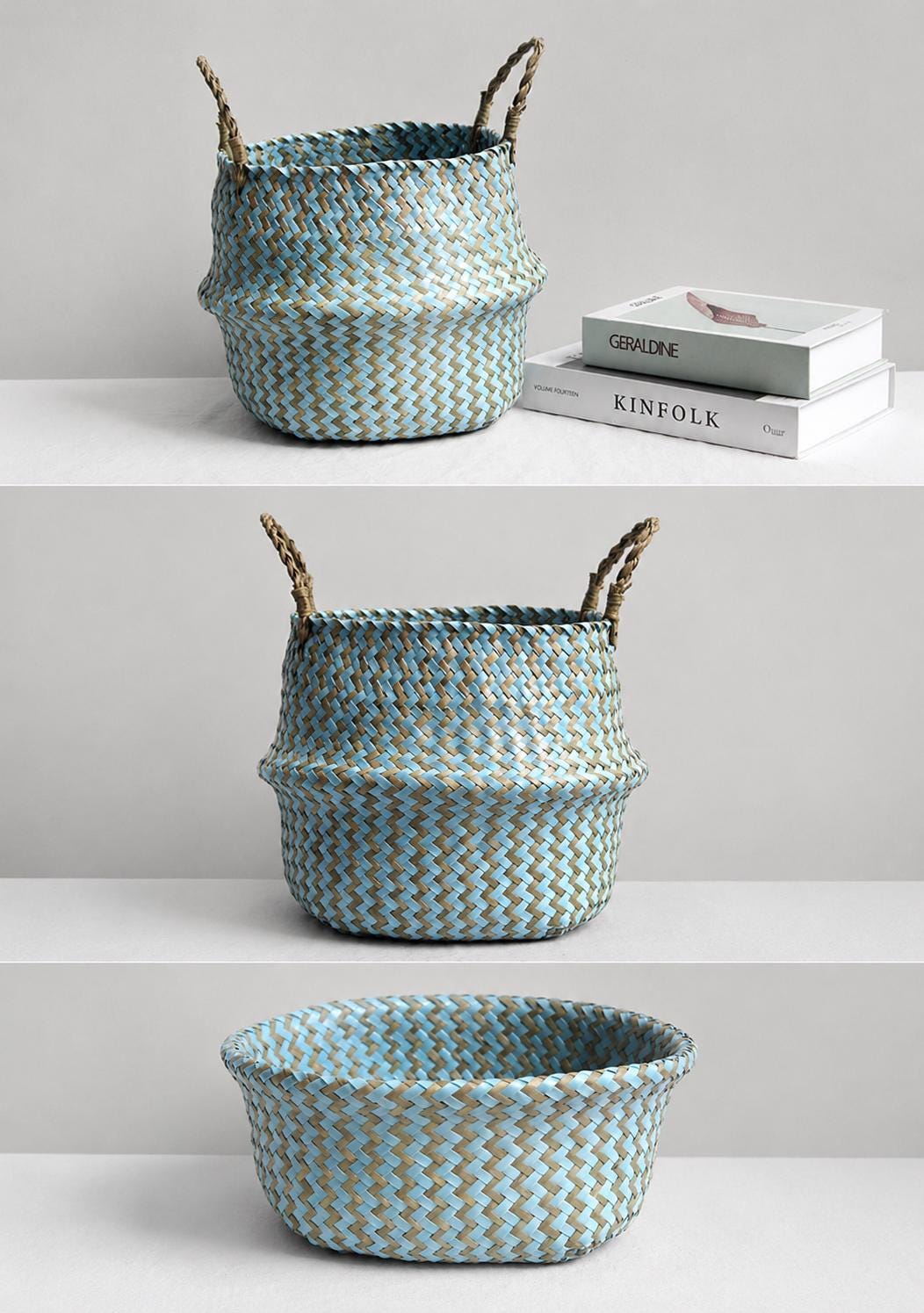 Boho Striped Seagrass Belly Basket, Collapsible Laundry, Plant Pot Cover, Nursery Organizer