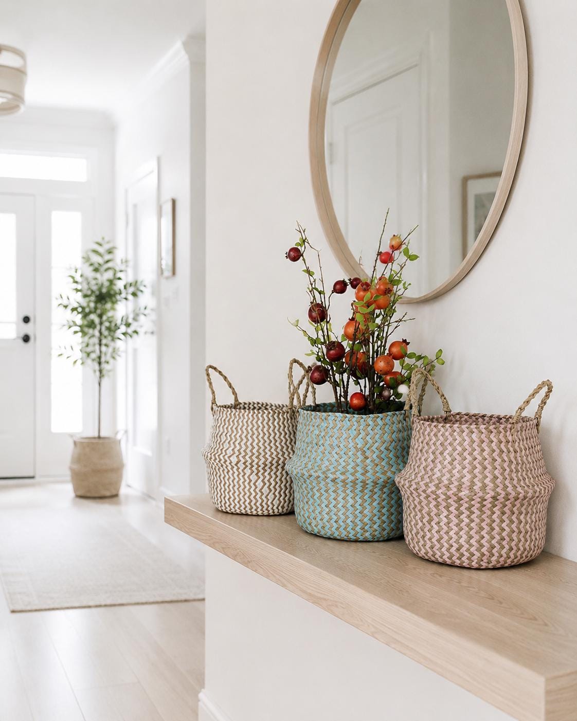 Boho Striped Seagrass Belly Basket, Collapsible Laundry, Plant Pot Cover, Nursery Organizer