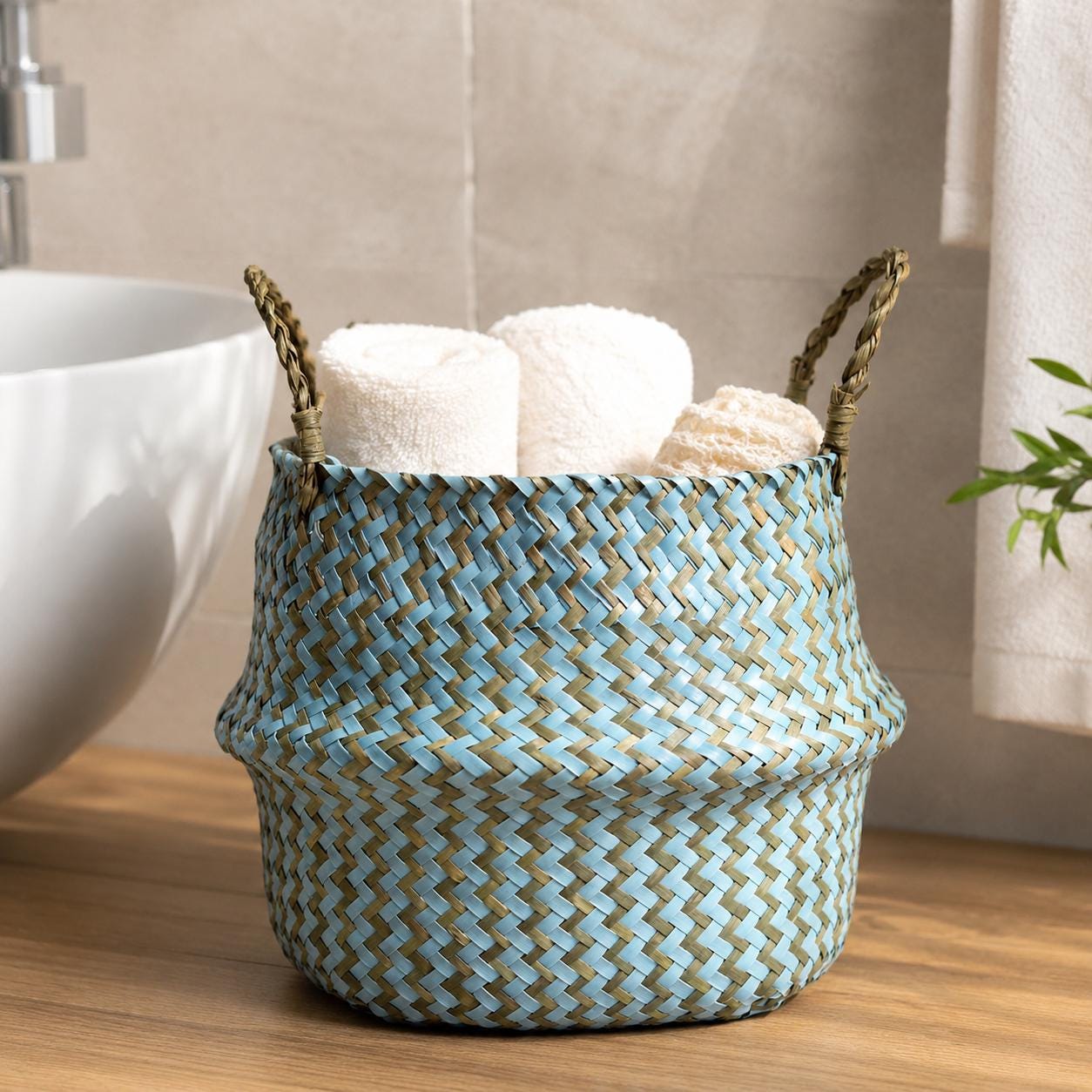 Boho Striped Seagrass Belly Basket, Collapsible Laundry, Plant Pot Cover, Nursery Organizer