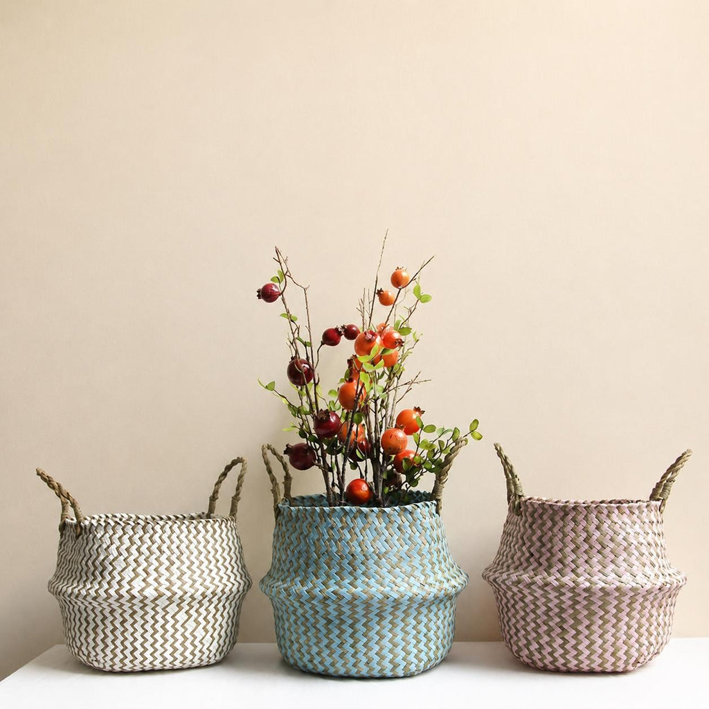 Boho Striped Seagrass Belly Basket, Collapsible Laundry, Plant Pot Cover, Nursery Organizer