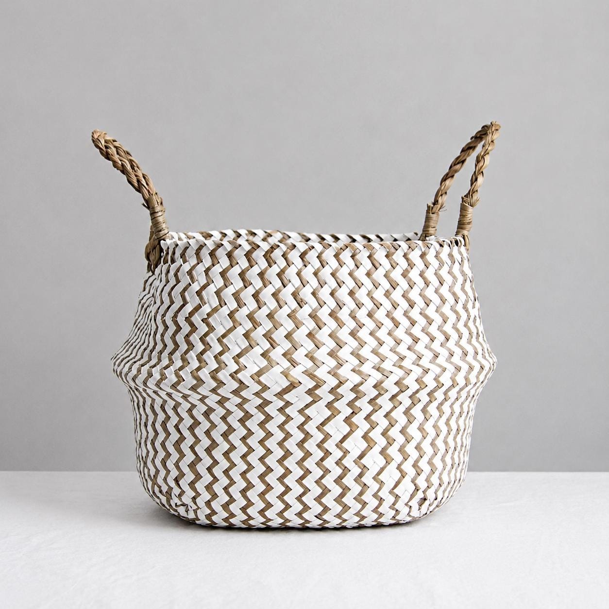 Boho Striped Seagrass Belly Basket, Collapsible Laundry, Plant Pot Cover, Nursery Organizer