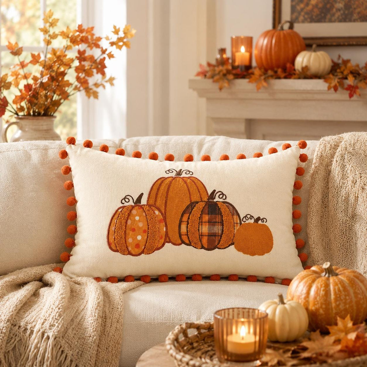 Embroidered Pillow Cover, Pumpkin Cushion Case, Farmhouse Thanksgiving Halloween Decor, 18X18 or Lumbar