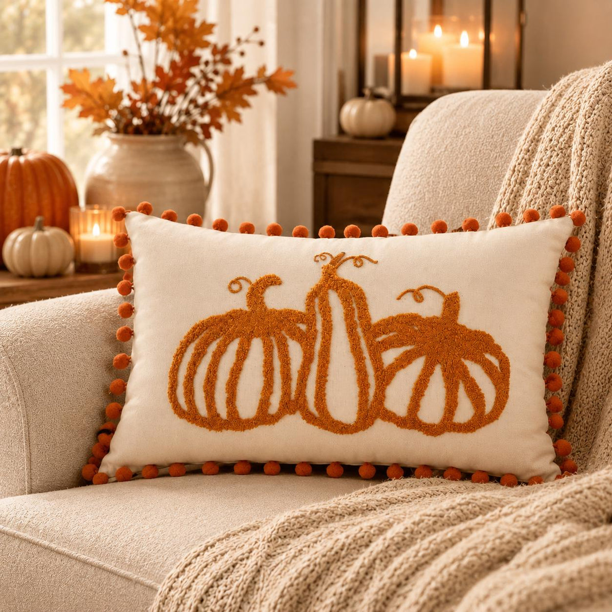 Embroidered Pillow Cover, Pumpkin Cushion Case, Farmhouse Thanksgiving Halloween Decor, 18X18 or Lumbar