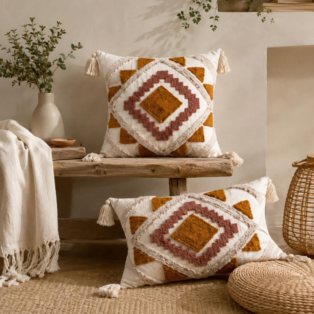 Boho Geometric Tufted Pillow Cover Colorful Textured Throw Pillow Case Modern Bohemian Cushion Cover for Sofa Bedroom Living Room