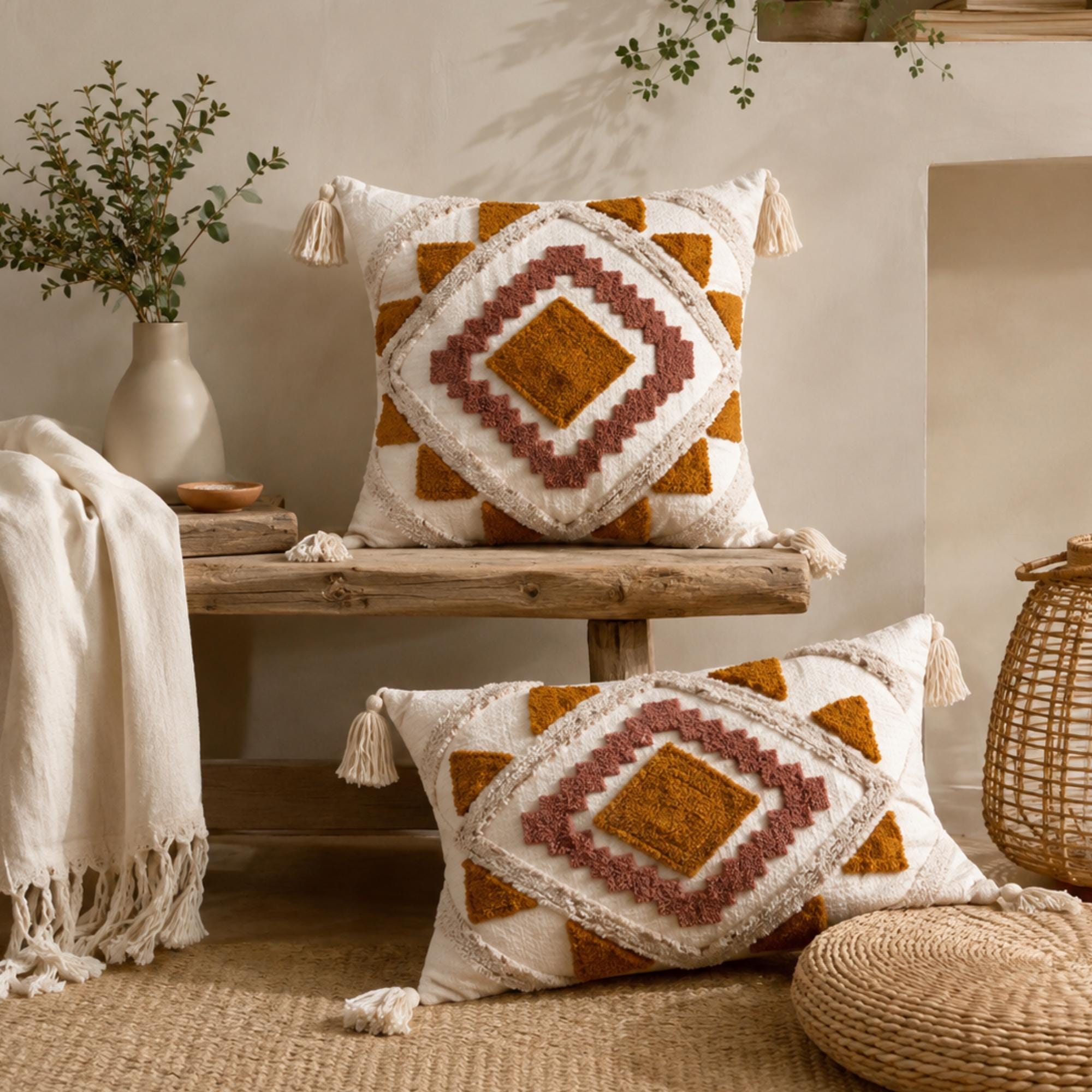 Boho Geometric Tufted Pillow Cover Colorful Textured Throw Pillow Case Modern Bohemian Cushion Cover for Sofa Bedroom Living Room