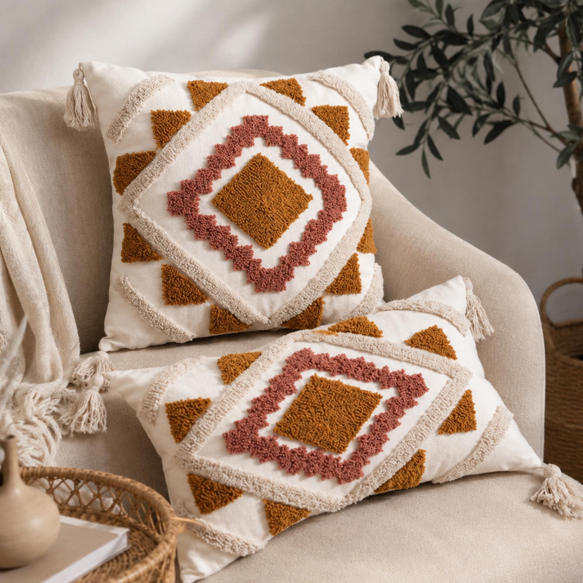 Boho Geometric Tufted Pillow Cover Colorful Textured Throw Pillow Case Modern Bohemian Cushion Cover for Sofa Bedroom Living Room