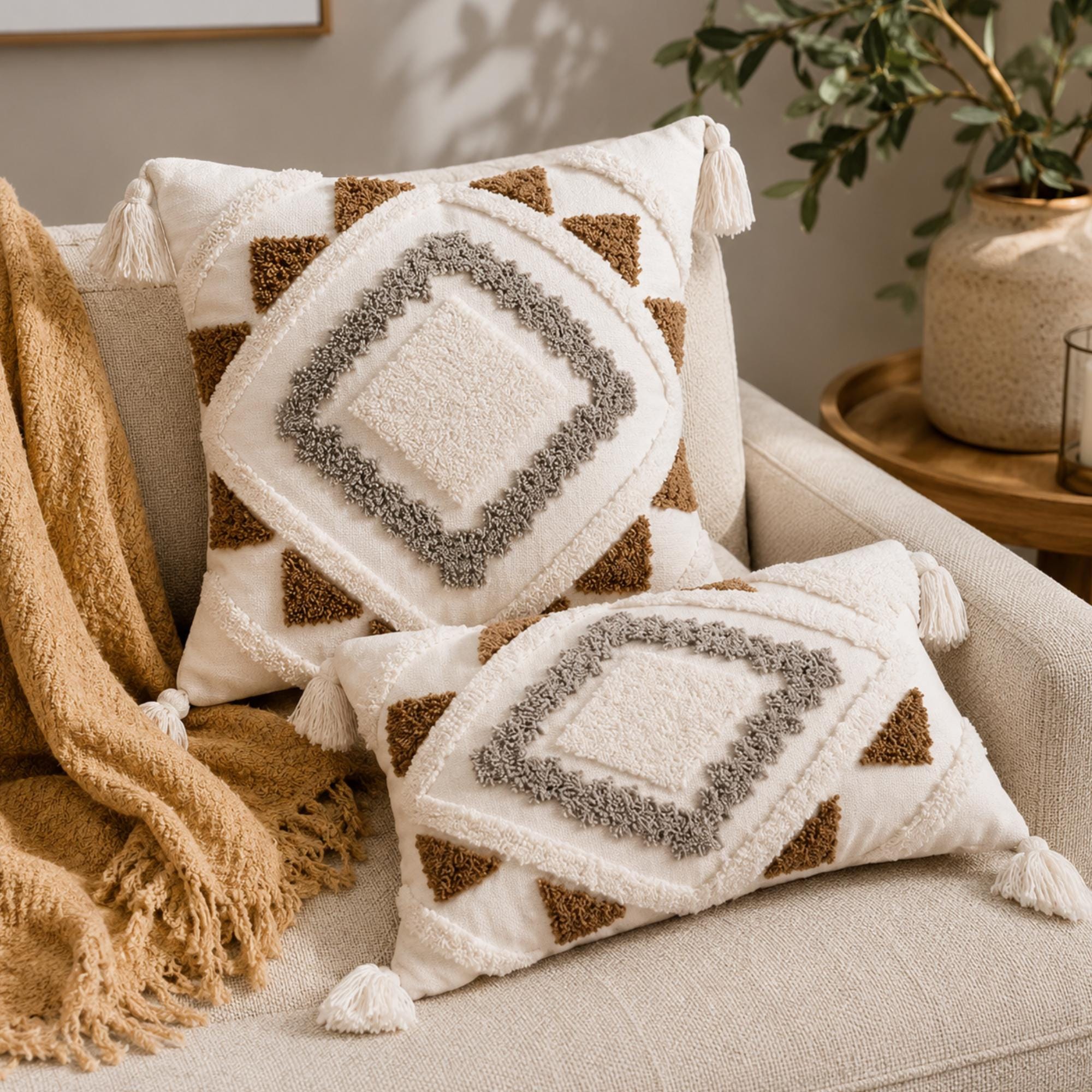 Boho Geometric Tufted Pillow Cover Colorful Textured Throw Pillow Case Modern Bohemian Cushion Cover for Sofa Bedroom Living Room