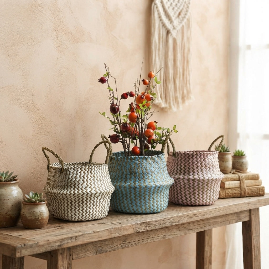 Boho Striped Seagrass Belly Basket