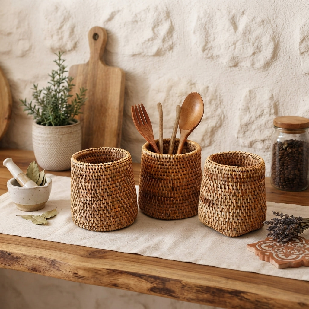 Handmade Rattan Utensil Holder Basket