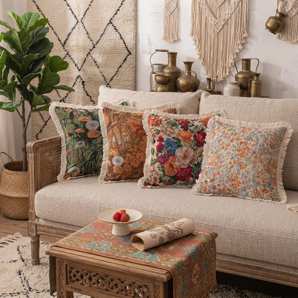 Floral Jacquard Pillow Cover with Tassels