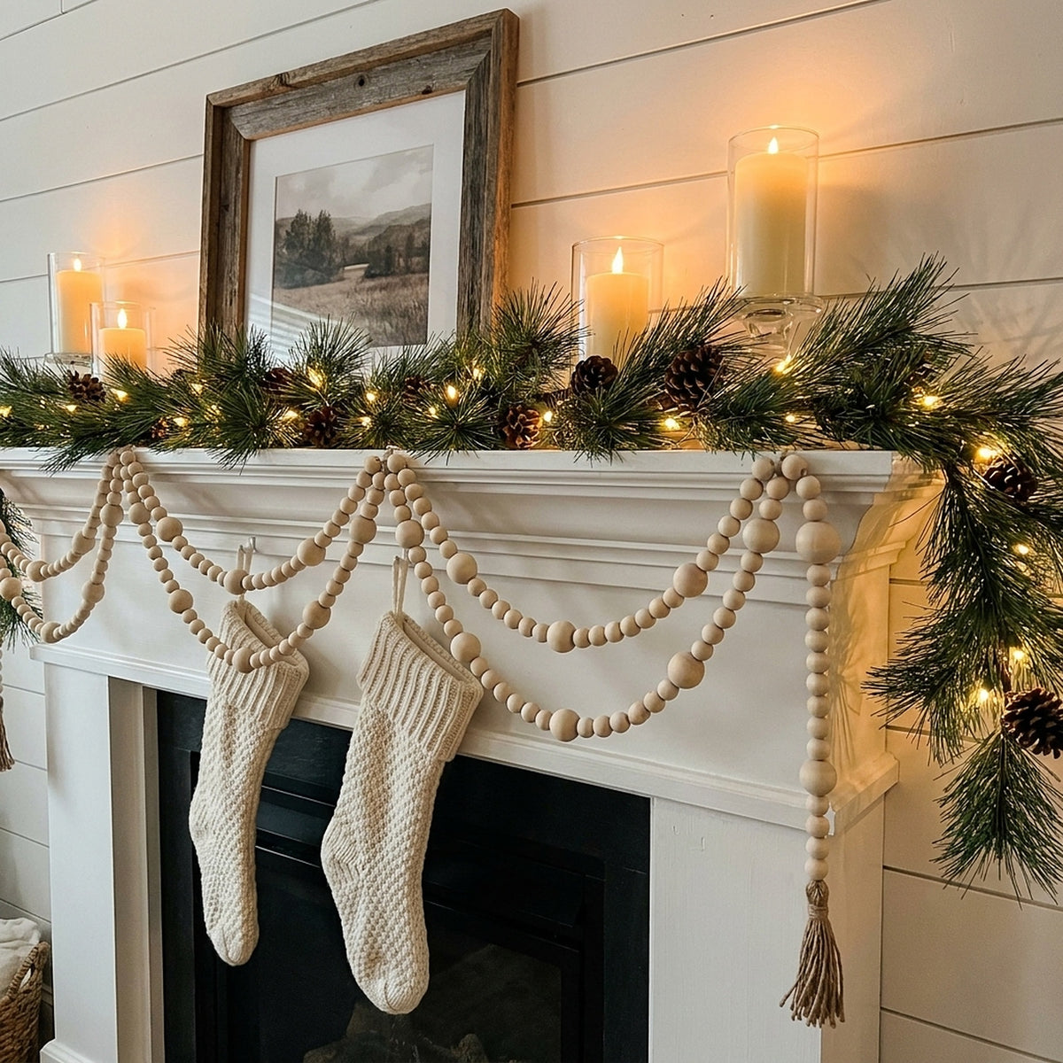 Beige Wooden Bead Christmas Garland
